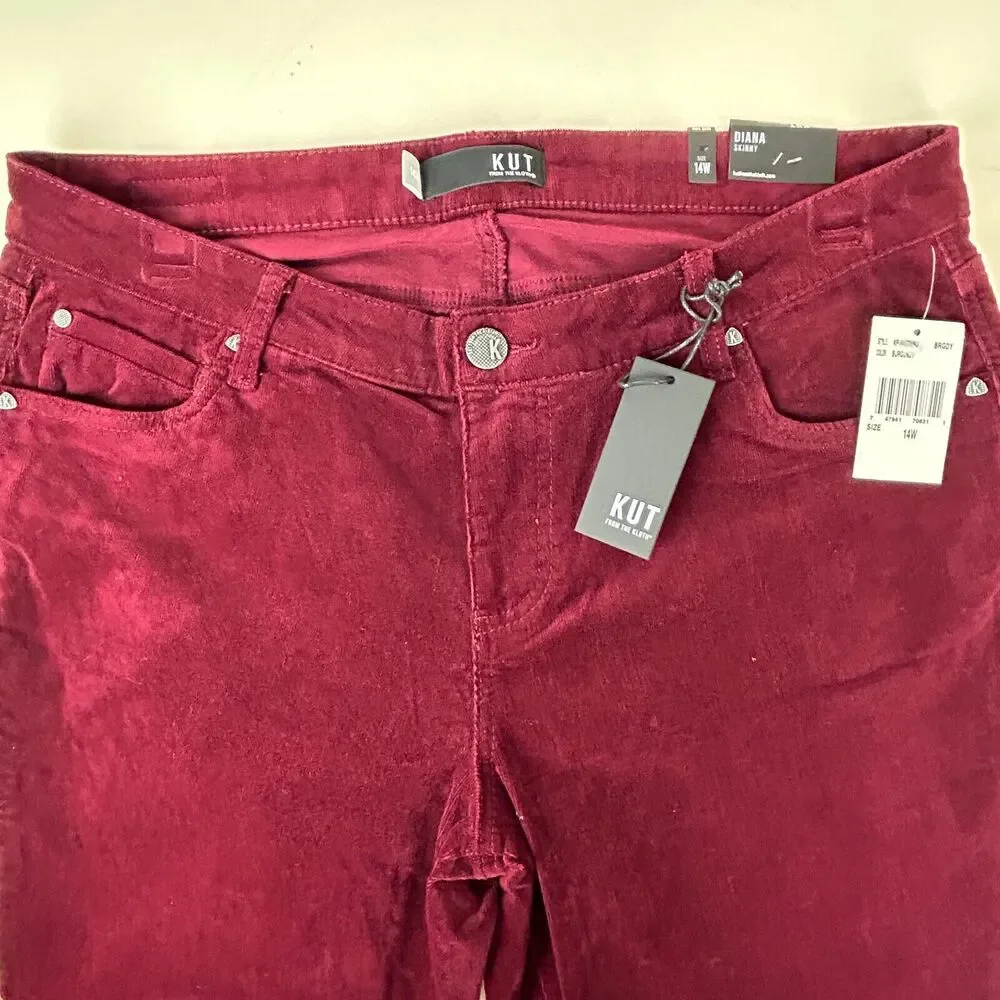 Kut From The Kloth Diana Skinny Corduroy Pants Women's 14W Currant Dark Red NWT